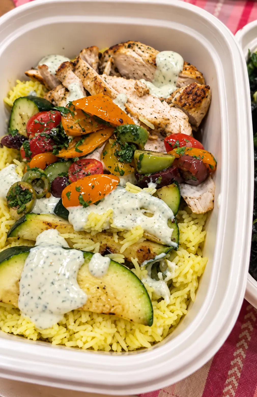 Lemon za’atar chicken bowl with turmeric-garlic rice, grilled zucchini, tomato-olive salsa, and lemon-garlic za’atar yogurt.