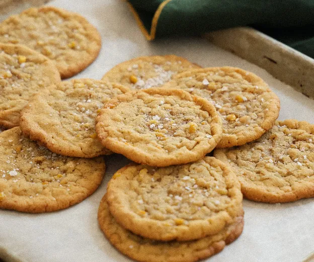 Four golden butter-oat corn cookies with crisp edges and soft centers.