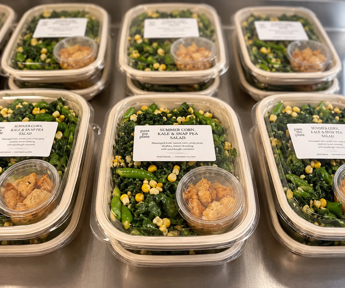Massaged kale salad with snap peas, sweet corn, torn sourdough croutons, and date-shallot-lemon dressing.