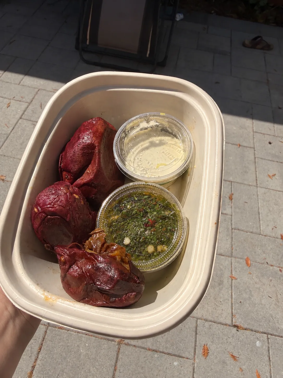 Caramelized Japanese Yams with Chimichurri & Garlic Sauce