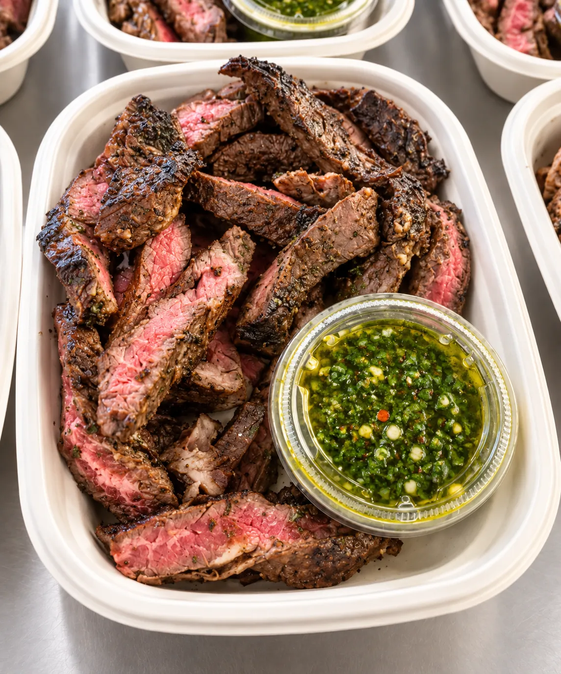 Sliced chimichurri skirt steak served with a cup of fresh herb chimichurri on the side.