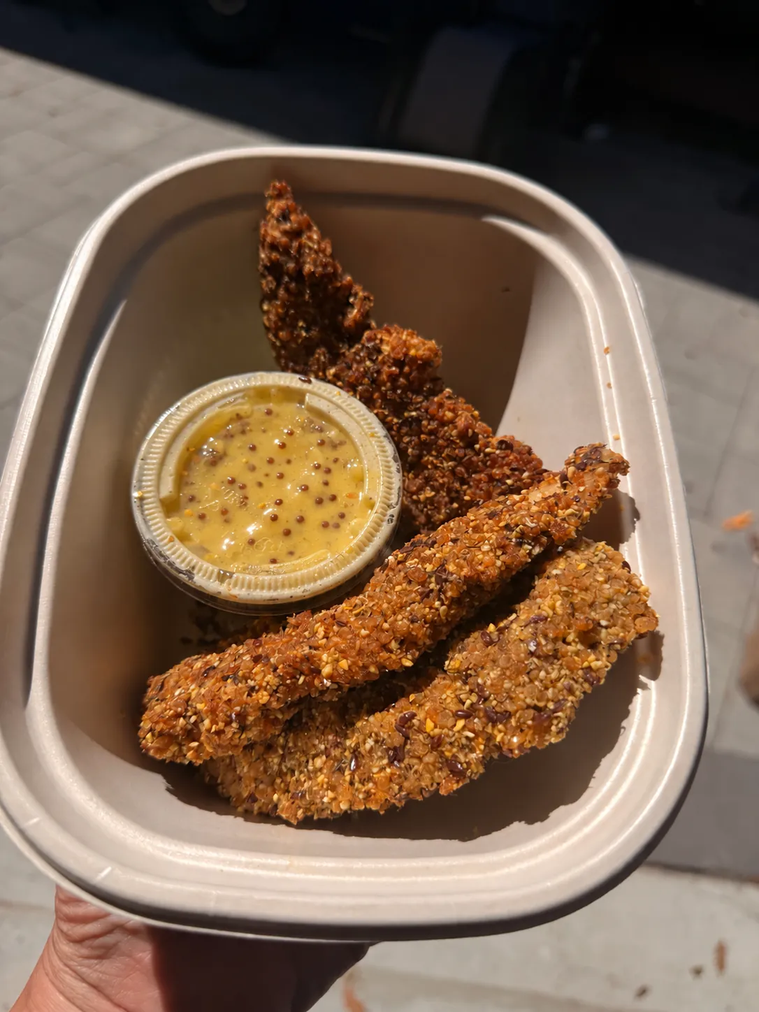 Quinoa-crusted chicken tenders with house-made honey mustard dipping sauce.